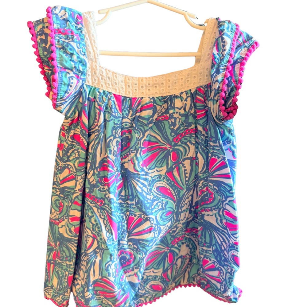 Lilly Pulitzer Girls Turquoise Pink Floral Peasant Top